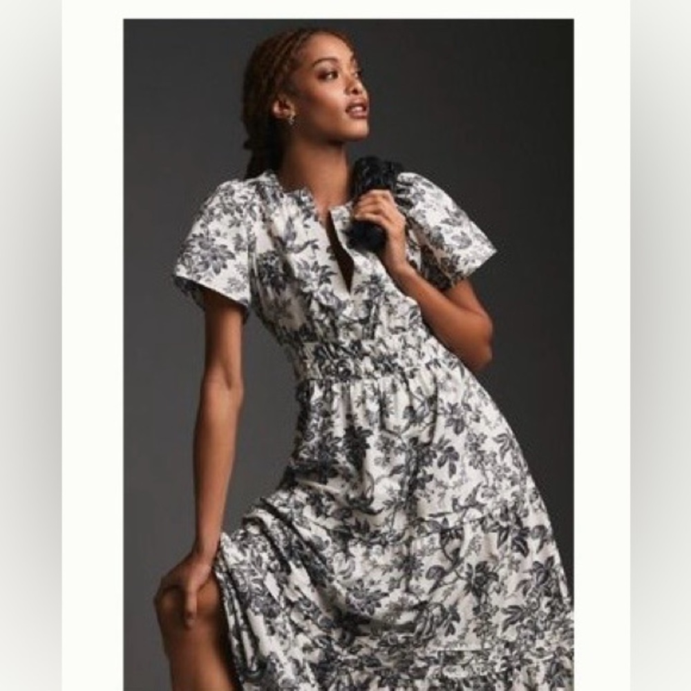 Anthropologie Black and White Floral Somerset Midi Dress